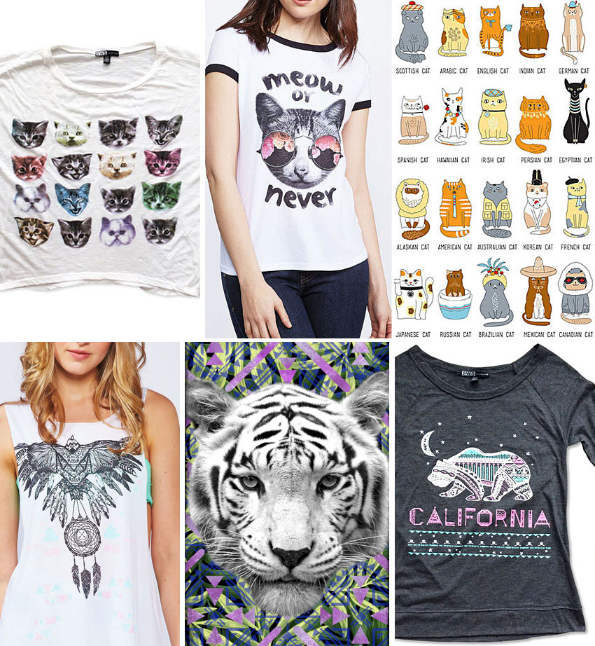 Trendy women fashion tshirt apparel textile graphic design with cats, eagle, boho, bohemian, dreamcatcher, tiger, bear, california style