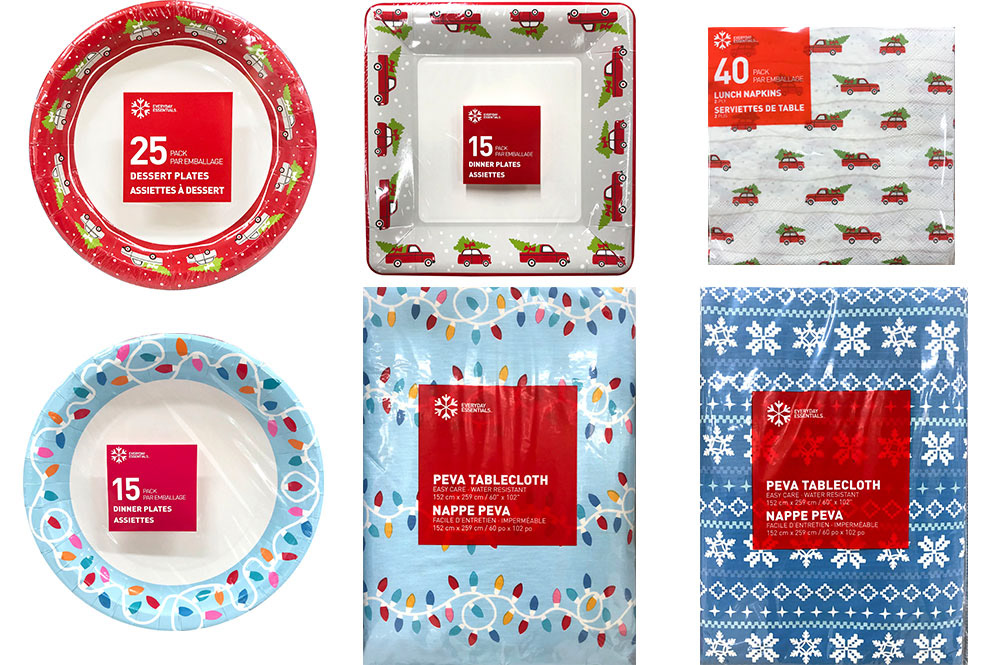 christmas holiday disposable napkins, plates, tablecloth in lights and fairisle patterns