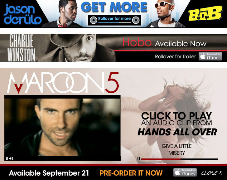 mock up web ad designs of pop music from Jason Derulo, Charlie Winston and Maroon 5. Created for eyeReturn Marketing