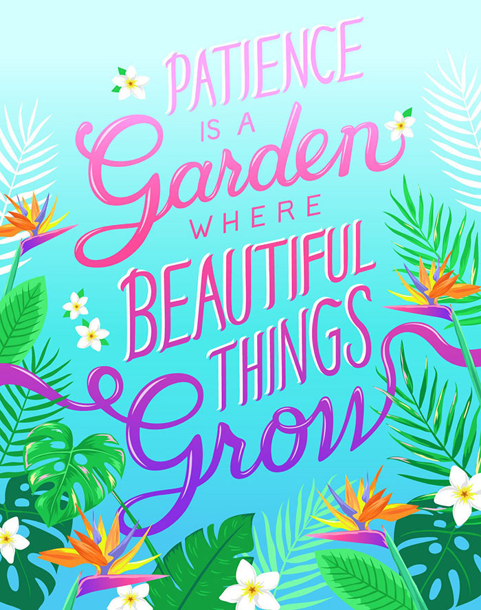 bright and colourful custom type / typography / lettering art with the quote "patience is a garden where beautiful things grow" surrounded by tropical leaves, monstera plant, hibiscus and bird of paradise flowers