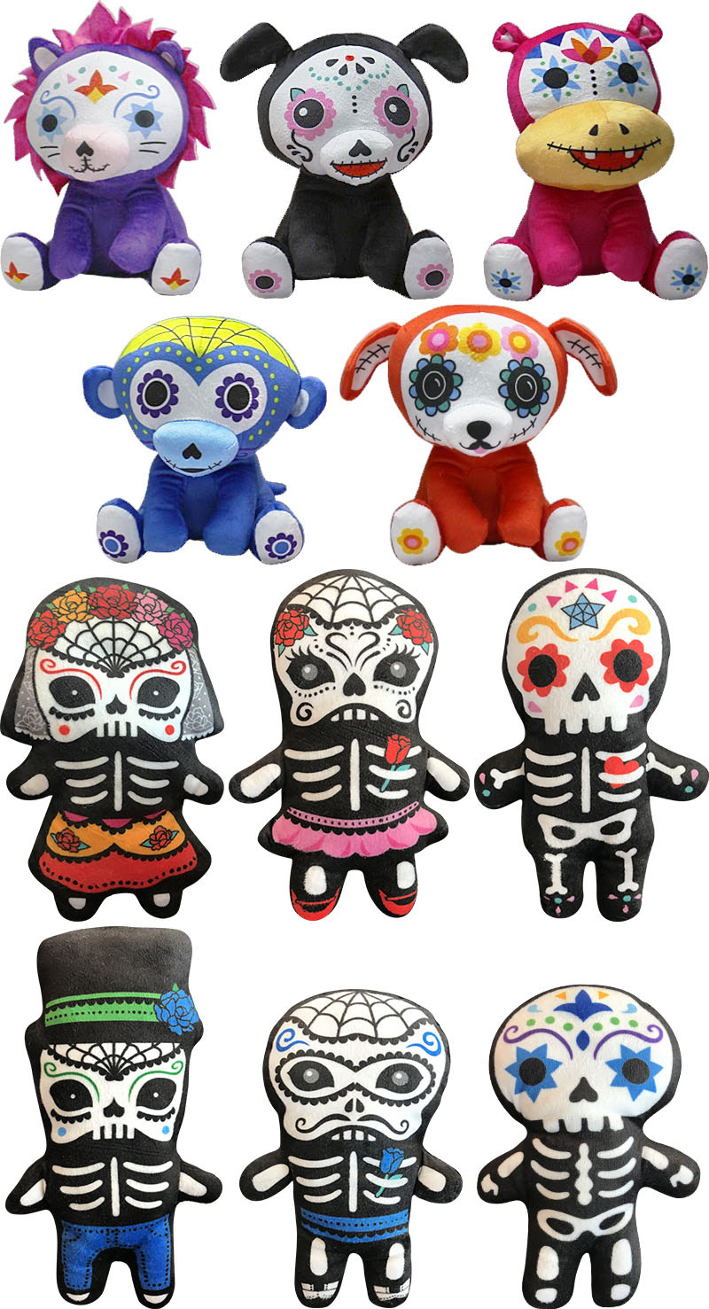 cute plush toy animals and skeletons in day of the dead style