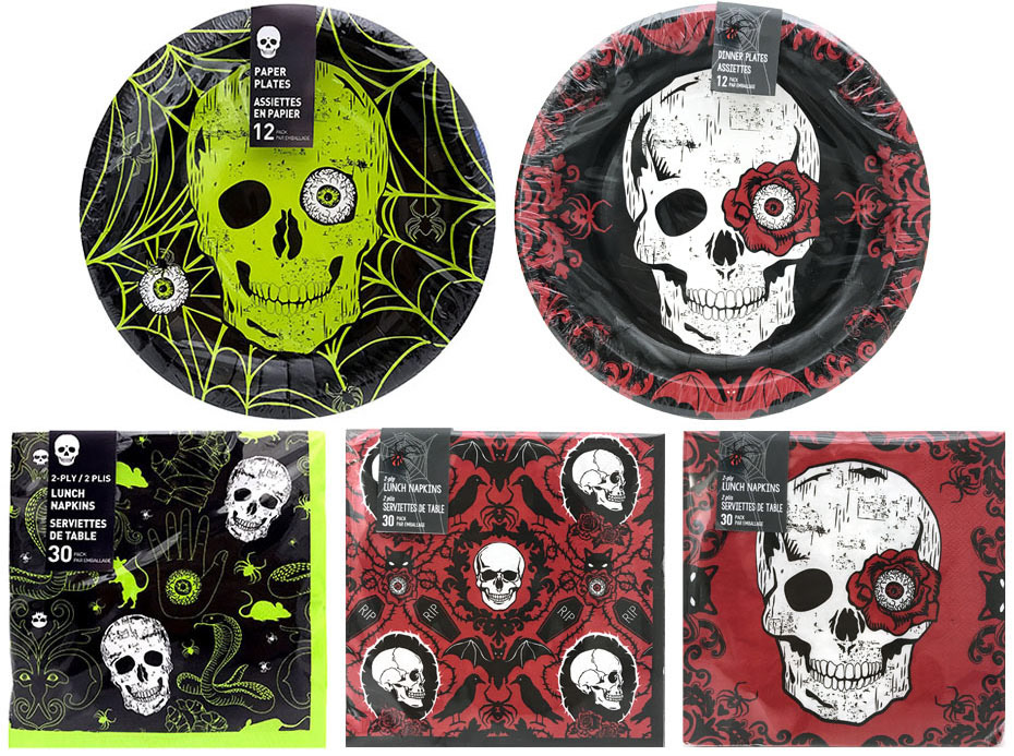 lime green and red halloween disposable plate and napkin set with skull, snake, bat, eye ball, black cat, coffins, crows, rats, mummies and spider patterns