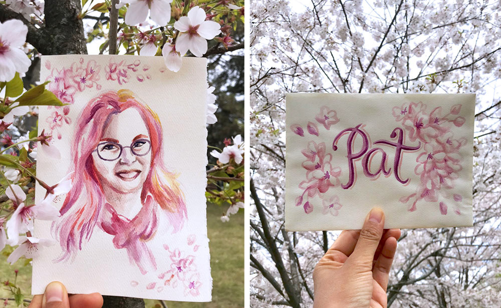 Watercolour portrait painting for mother’s day with cherry blossoms