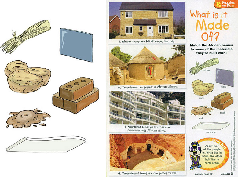 illustrations for a guessing game about Africa and the materials used to build various dwellings. Created for ChickaDEE Magazine