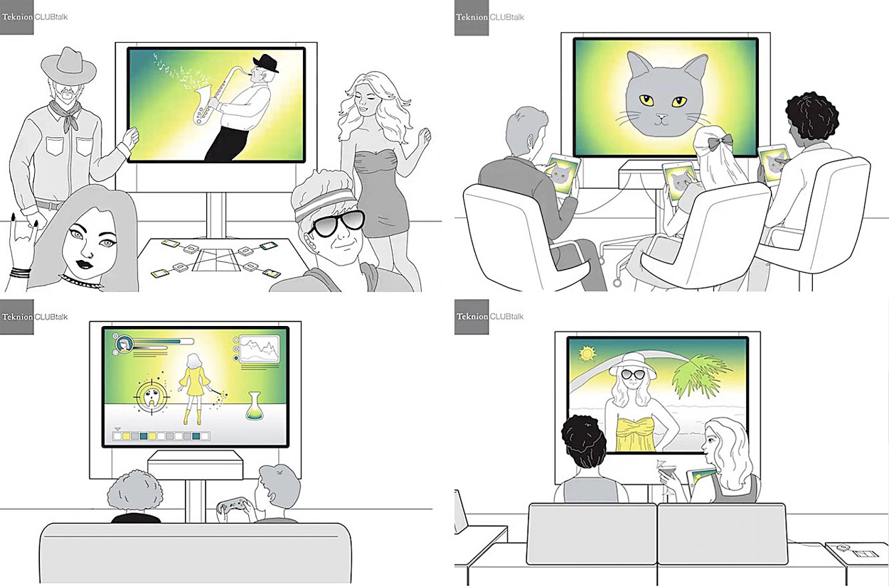simple, modern line illustrations showing the versatile functions of Clubtalk, a user-friendly screen display for cross-platform content sharing for home and office use. Created for Teknion