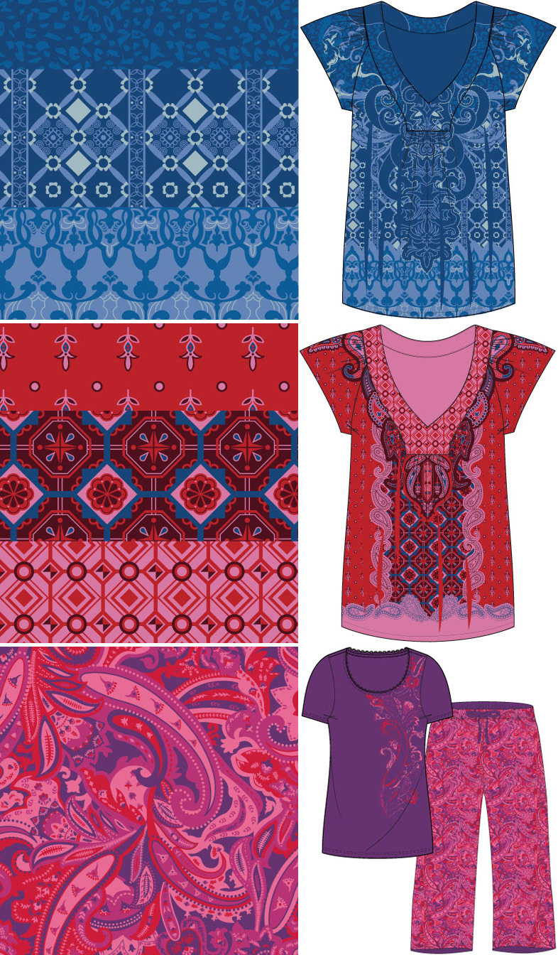 Trendy womens fashion loungewear pajama surface textile graphics in geometric, paisley, boho, mix print pattern