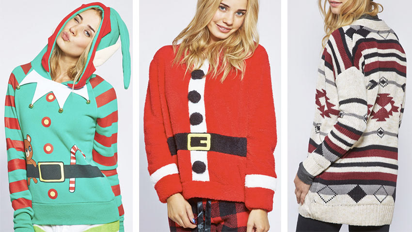 holiday seasonal womens christmas winter novelty hoodie apparel textile graphic design in the style of elf, Santa, and Aztec tribal geometric knit cardigan sweater
