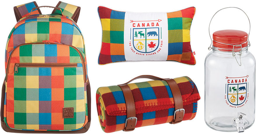 Canada day Canada 150 cottage camp decor items like backpack, pillow cushion, blanket, drink dispenser in canadiana plaid pattern
