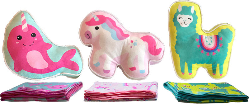 cute plush toy pillow narwhal, unicorn, llama with matching blanket set