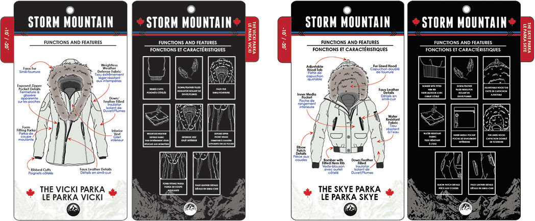 illustrated hang tags for ladies outerwear parkas and jackets. Reverse side contains infographics and features of jackets. Created for YM Inc