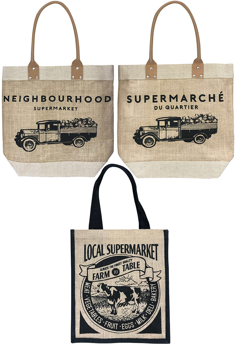 linen grocery shopping tote bags with vintage farmers market inspired graphics