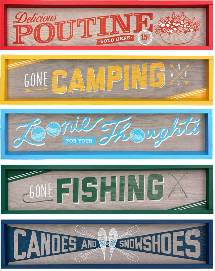 home decor wood signs signage for the cottage with vintage style custom type / typography / lettering with a Canadian Canadiana theme involving poutine, camping, loonie, fishing, canoes, snowshoes