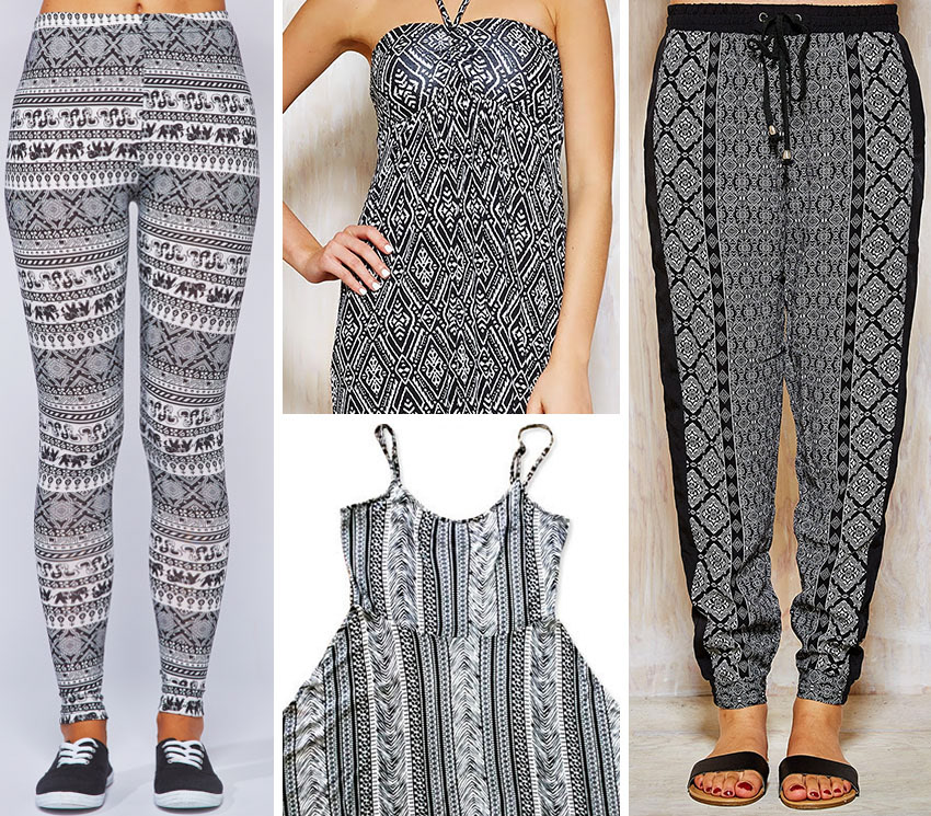 Trendy spring summer womens fashion surface textile graphics in geometric, elephant, animal, tribal pattern