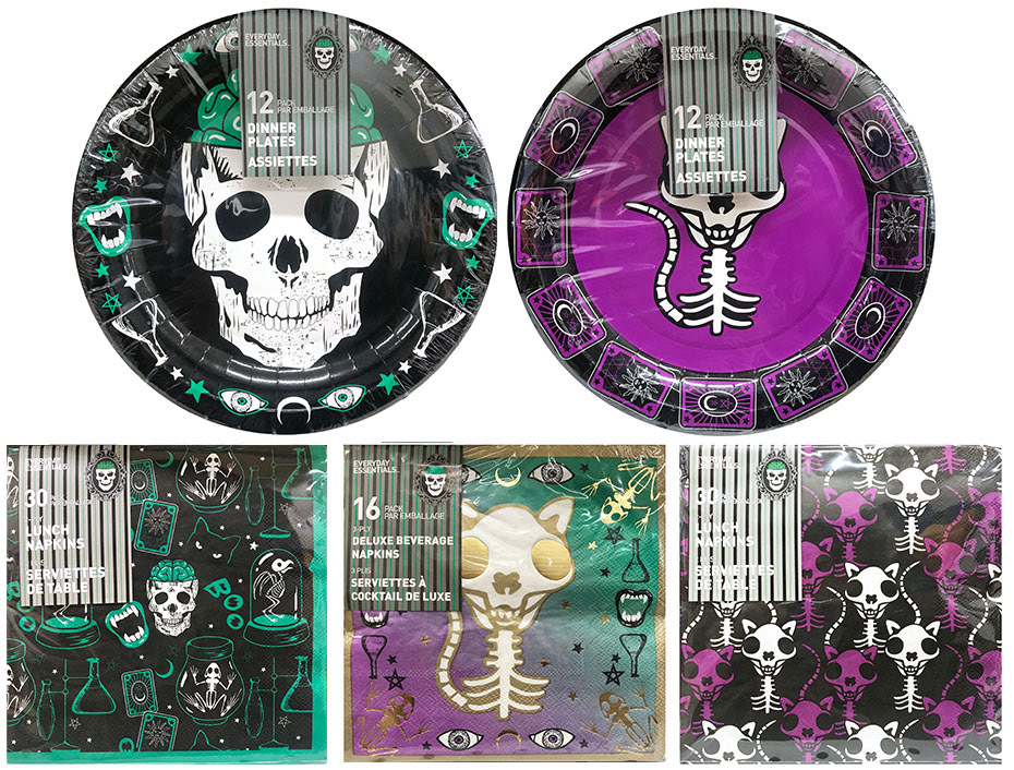 purple and green halloween disposable plate and napkin set with skull cat, tarot card, black cat, spells, and science lab patterns