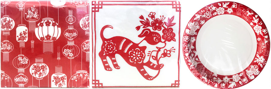 Chinese new year - year of the dog disposable napkin and plates with lanterns, flowers and dog patterns in Chinese style