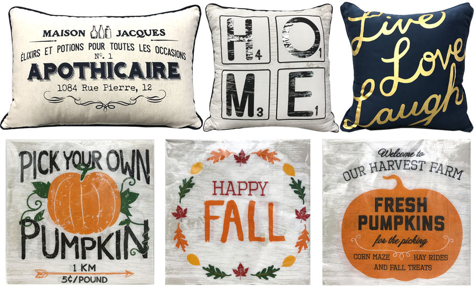 home decor pillows cushions and napkins with custom type typography hand lettering and fall autumn themes like live love laugh, pumpkins