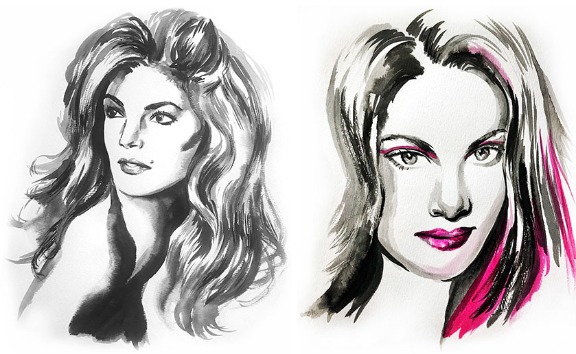 black, white and pink ink portrait painting of fashion supermodel Cindy Crawford and Laetitia Casta