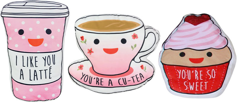 cute valentine plush pillows of latte, tea and cupcake with pun slogans