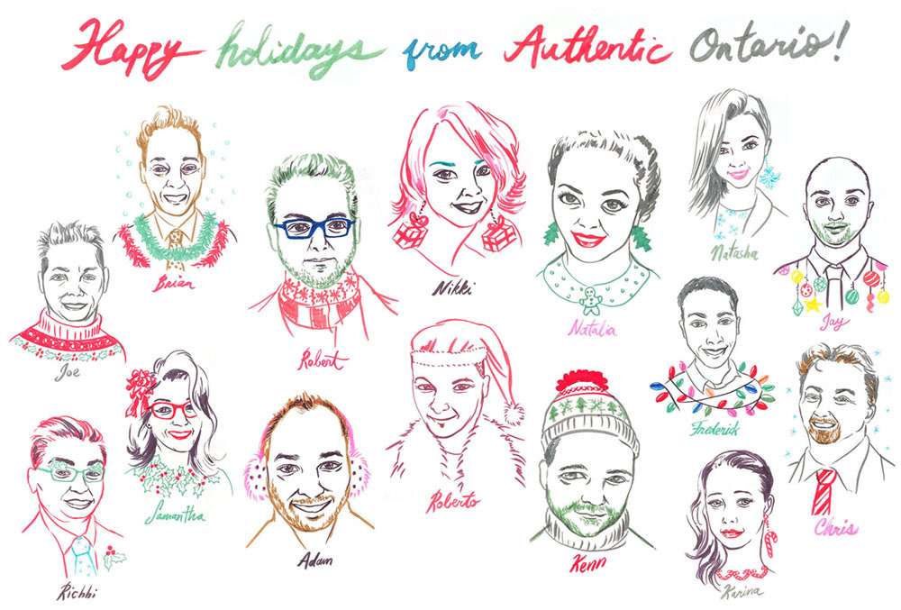 portrait sketches for Authentic Wine and Spirits 2017 holiday Christmas greeting card in a festive and colourful style