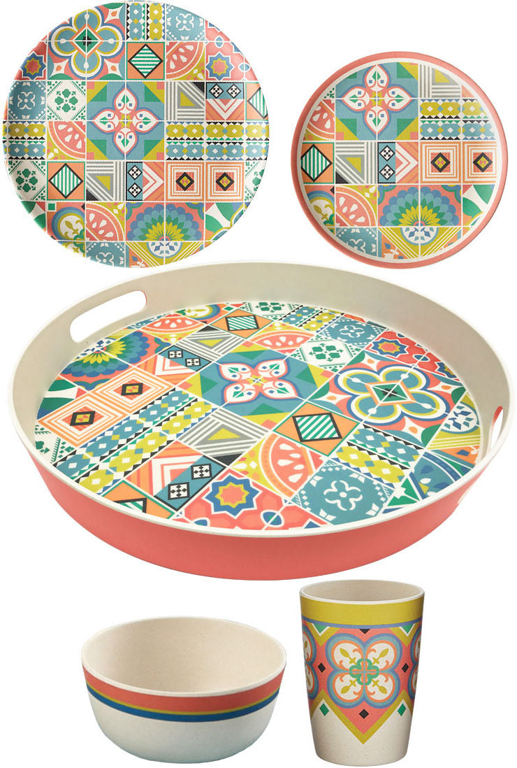 summer patio bamboo fibre plates, tray, bowl, and cups serveware set in colourful geometric tile pattern