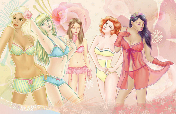 digital painting in soft, pastel colours of 5 women wearing lingerie. Inspired by a sensual and luxurious femininity
