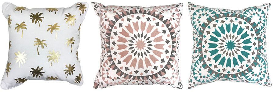 spring / summer cushions pillows in gold foil palm tree pattern, mauve and teal geometric pattern