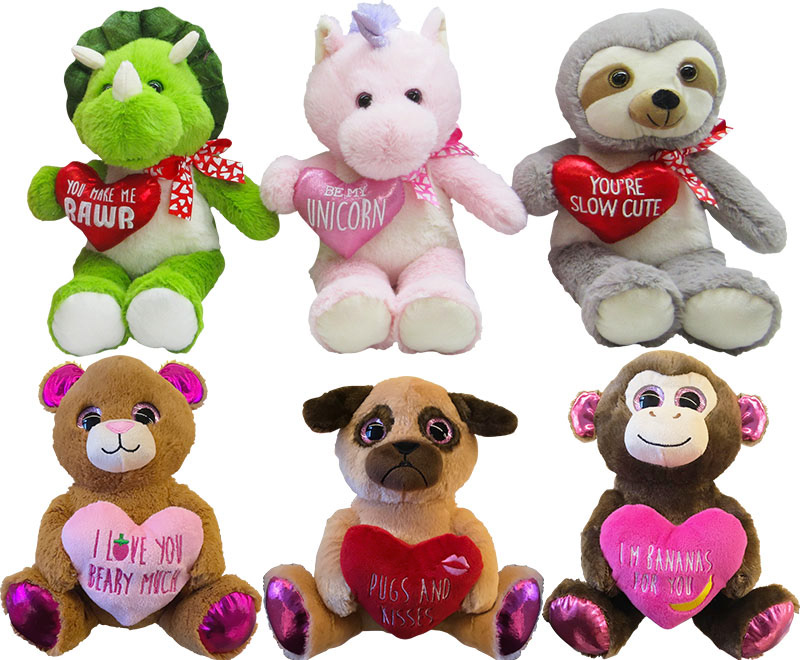 cute valentine plush toy dinosaur, unicorn, sloth, bear, dog and monkey holding hearts with pun slogan
