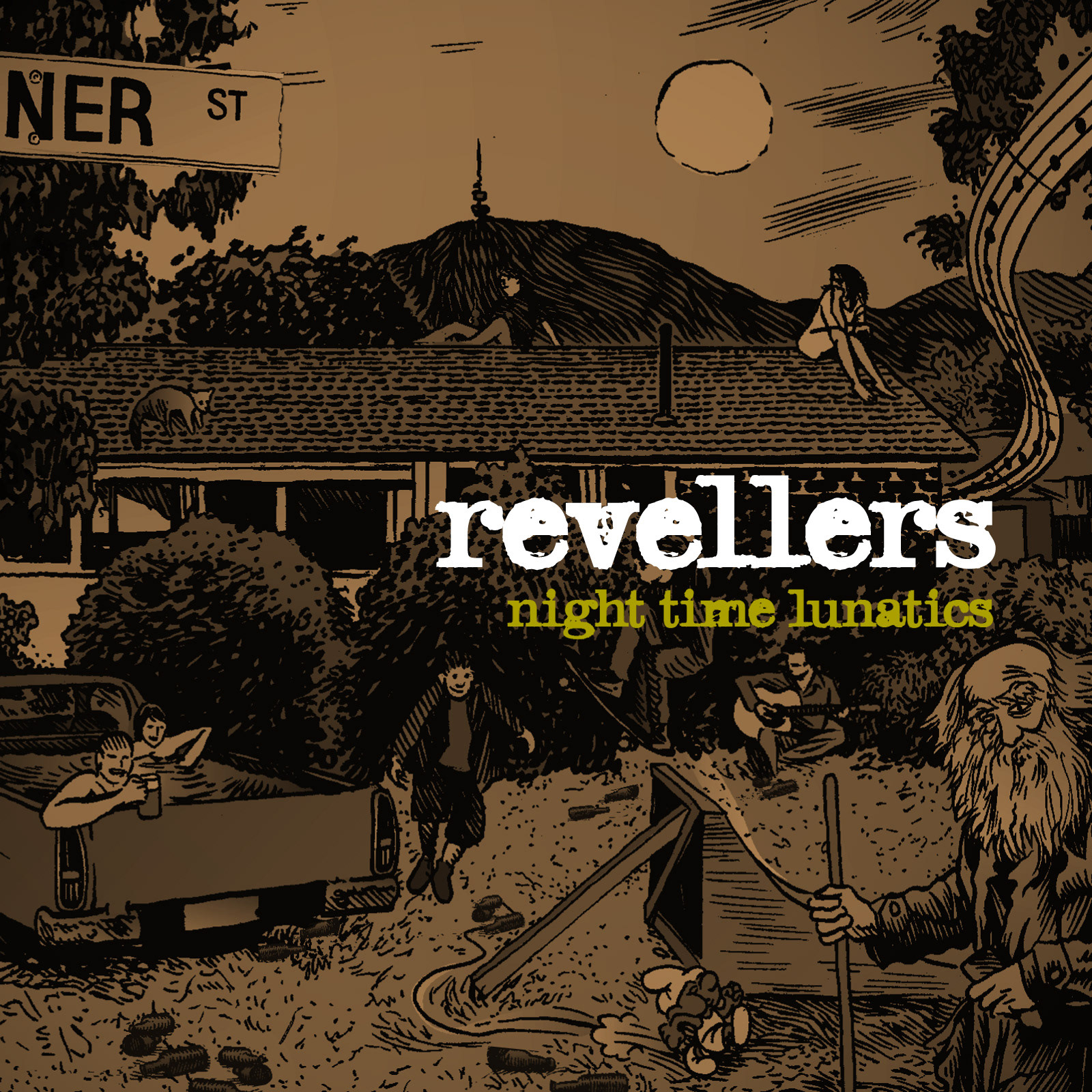 Cover art for Revellers (EP 'Night Time Lunatics'). Illustration by Glenno Smith - https://www.glennoart.com/