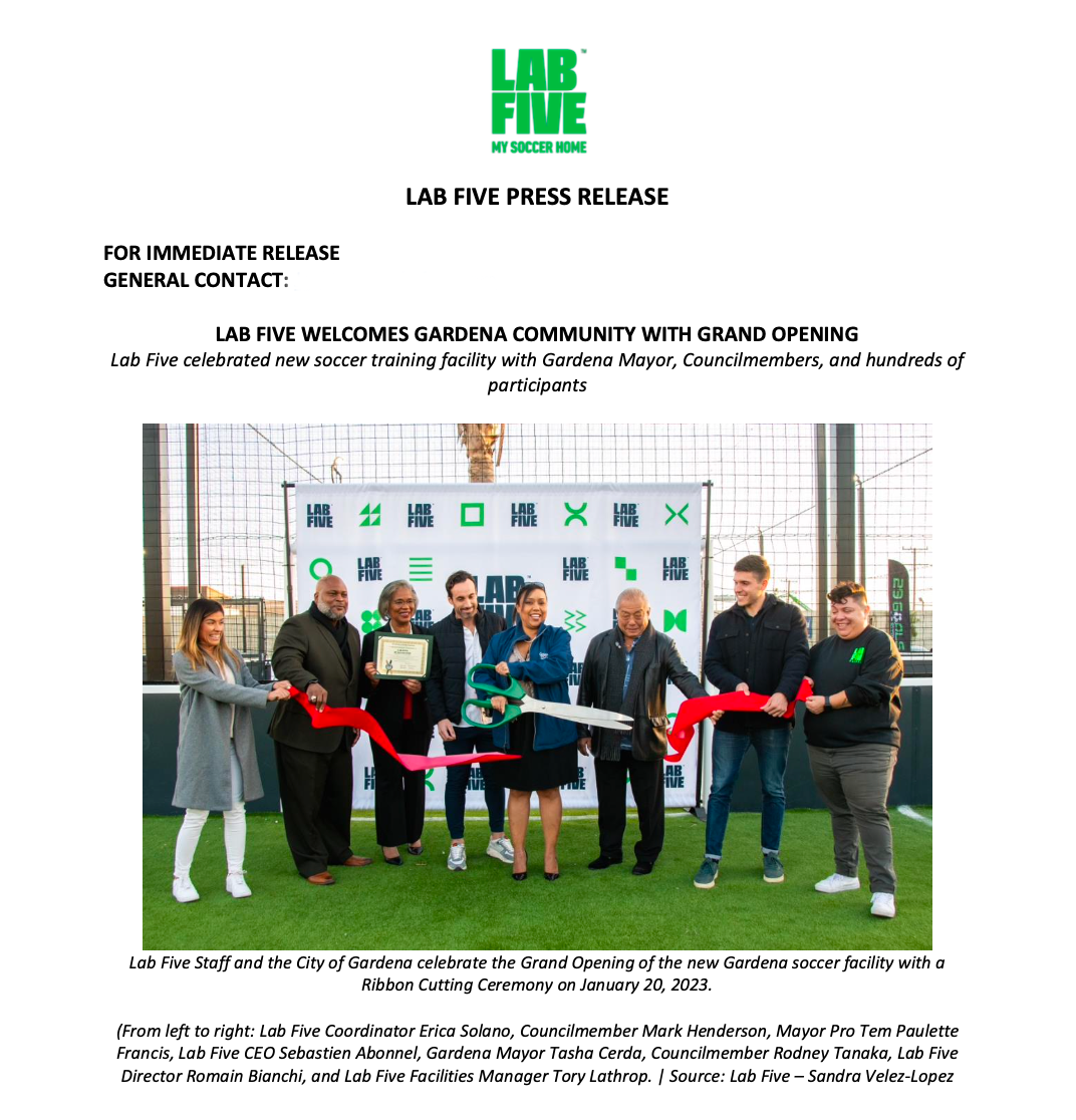 Press Release for new Lab Five training facility