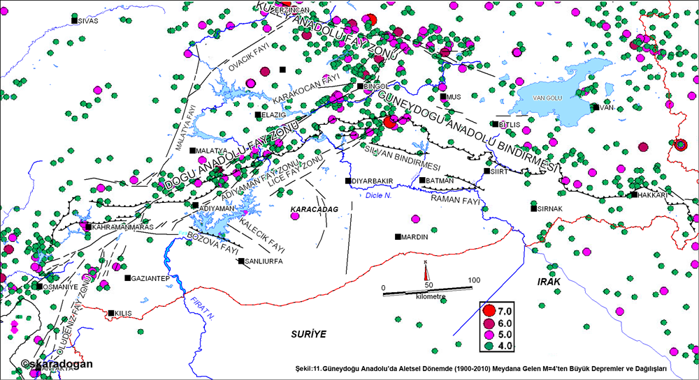 Southeastern Anatolia region and its surroundings instrumental period magnitude greater than four earthquake map.