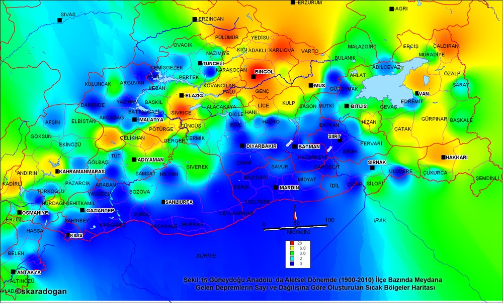 Hot zones map created according to the number and distribution of earthquakes that occurred in the instrumental period in the Southeastern Anatolia region and its surroundings.