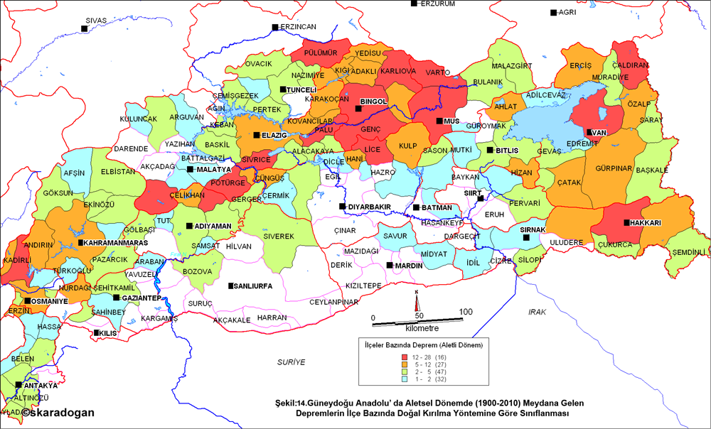 Anatolia region and its surroundings according to the natural rupture method on a district basis.