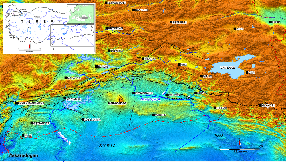 Southeast Anatolia region, physical map and tectonic structures