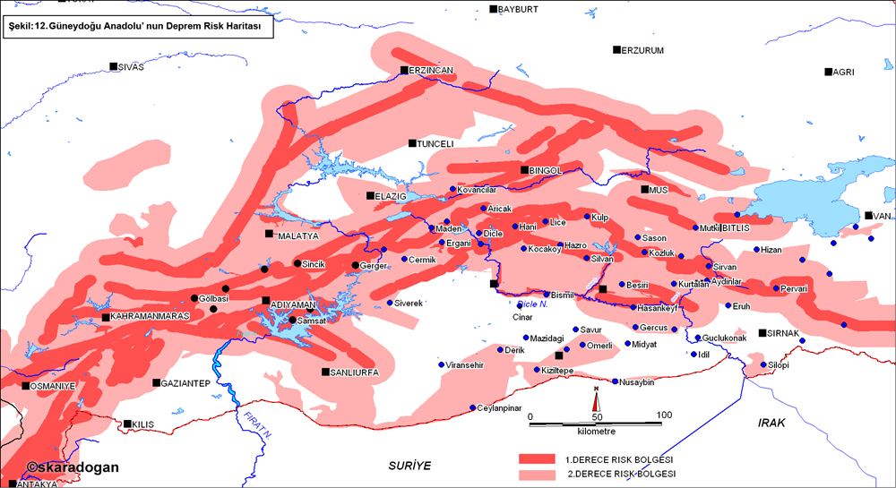 Southeastern Anatolia region tectonic lines and buffer map.