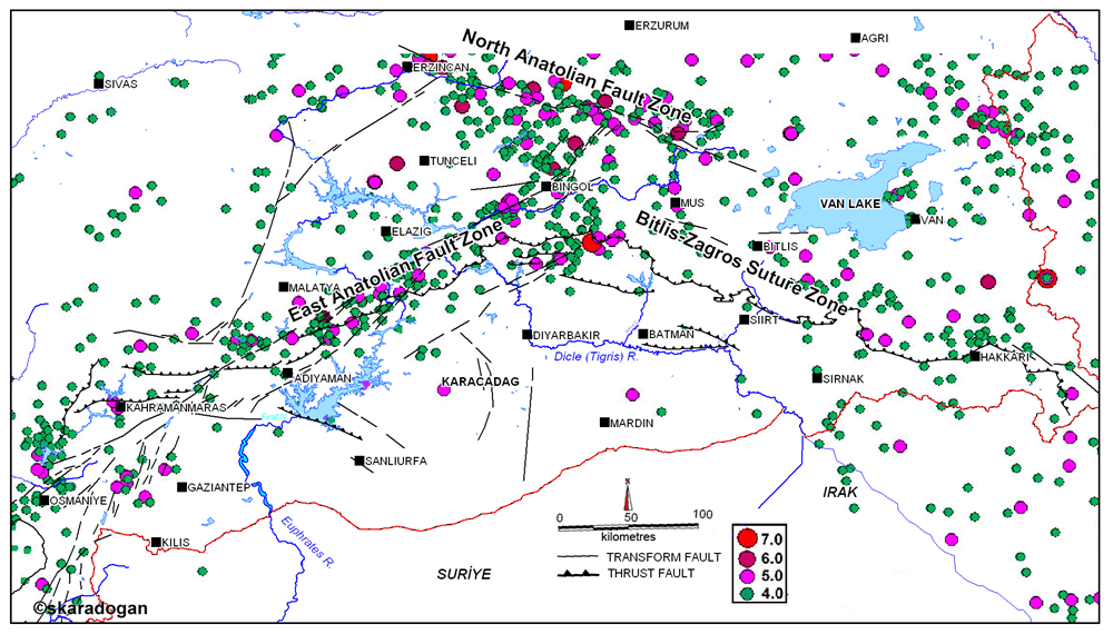 Southeastern Anatolia region and its surroundings instrumental period magnitude greater than four earthquake map.