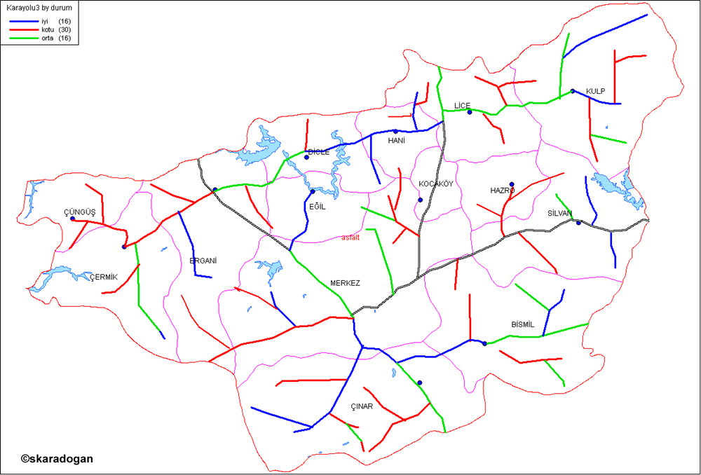Diyarbakır provinces highway quality map.
