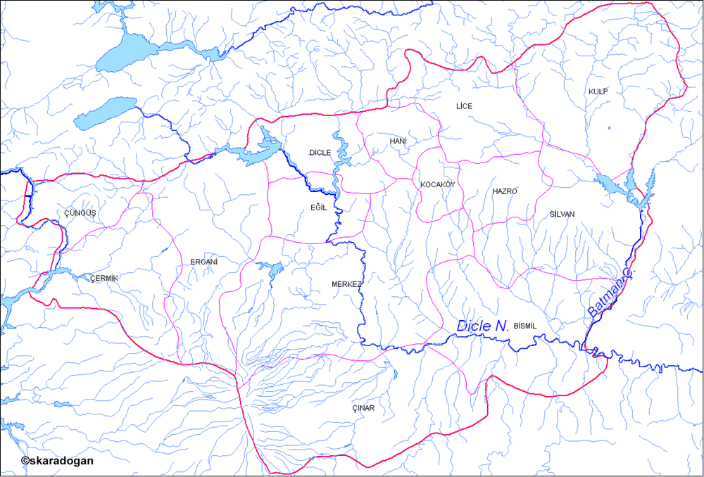 Diyarbakır province district borders and hydrography map.