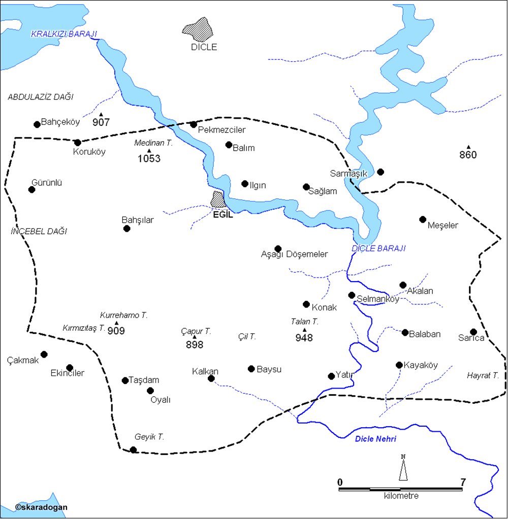 Eğil district borders and villages map.