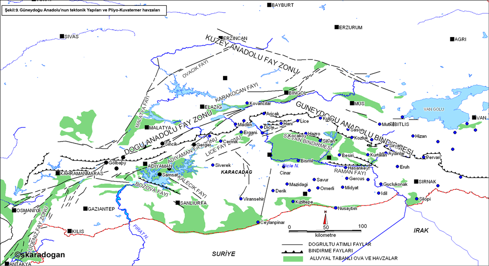 Southeastern Anatolia region and its surroundings tectonic structures and plio-quaternary basins map.