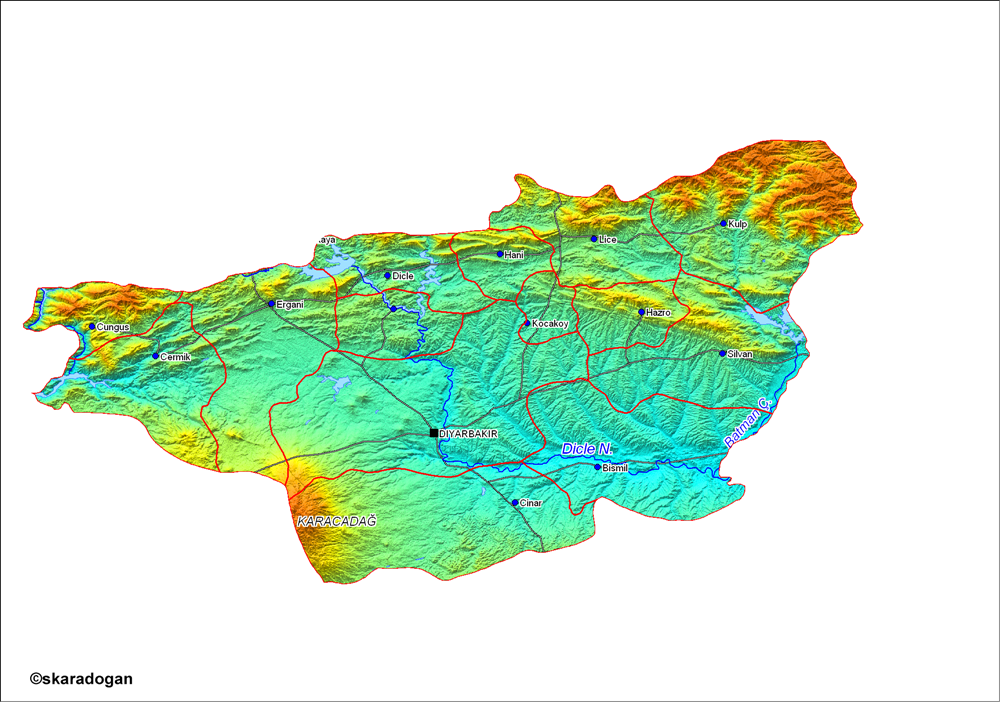Diyarbakır province district borders and phyical map.