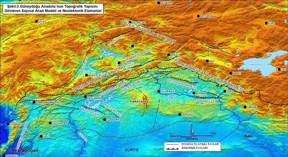 Southeastern Anatolia region physical and tectonic map.