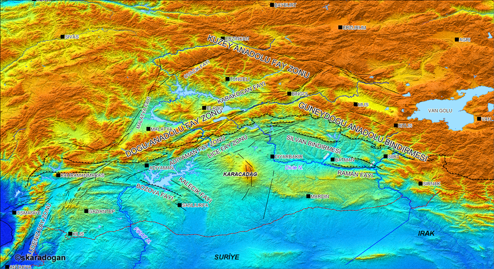 Southeastern Anatolia region physical and tectonic map.