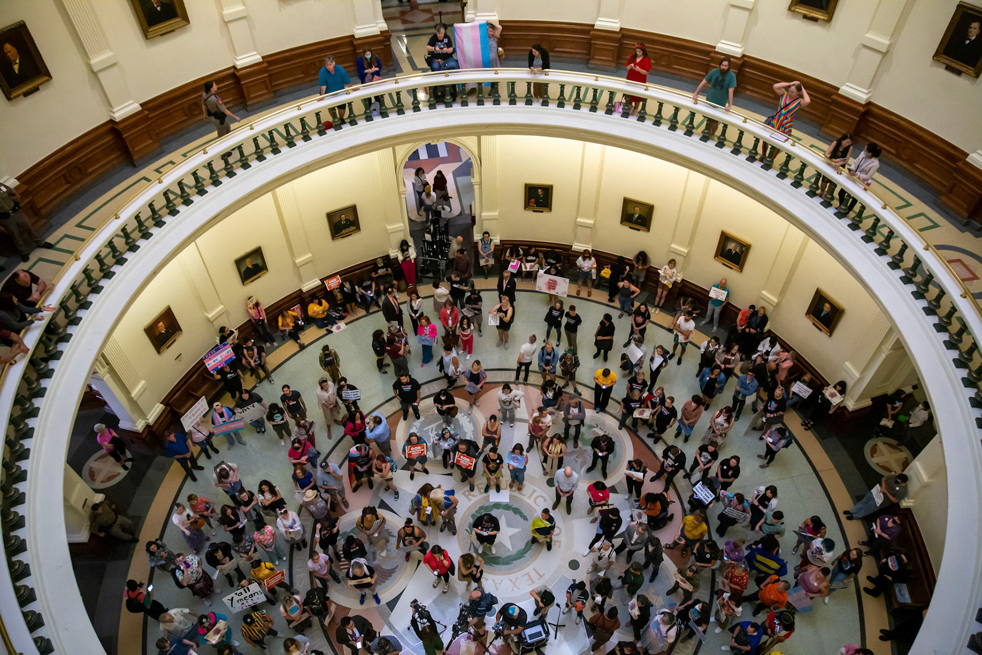 Demonstrators protest SB14, a bill to eradicate gender transition healthcare for trans kids in Texas, while the bill is heard in the House at the state capitol on May 2, 2023. The bill is the furthest any LGBT legislation has gone this session.