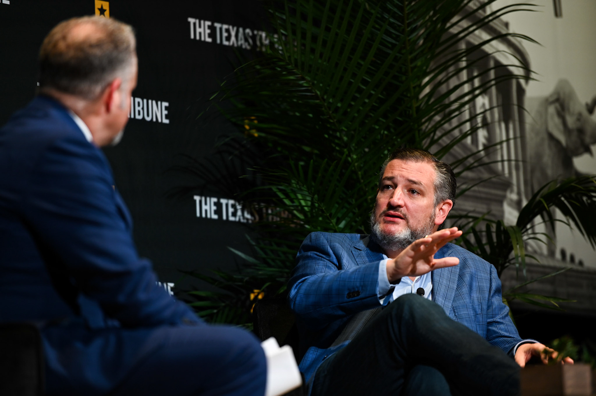 Senior Correspondent at the Washington Examiner David Drucker and U.S. senator Ted Cruz speak at Texas Tribune Fest in Austin on Sept. 24, 2022.