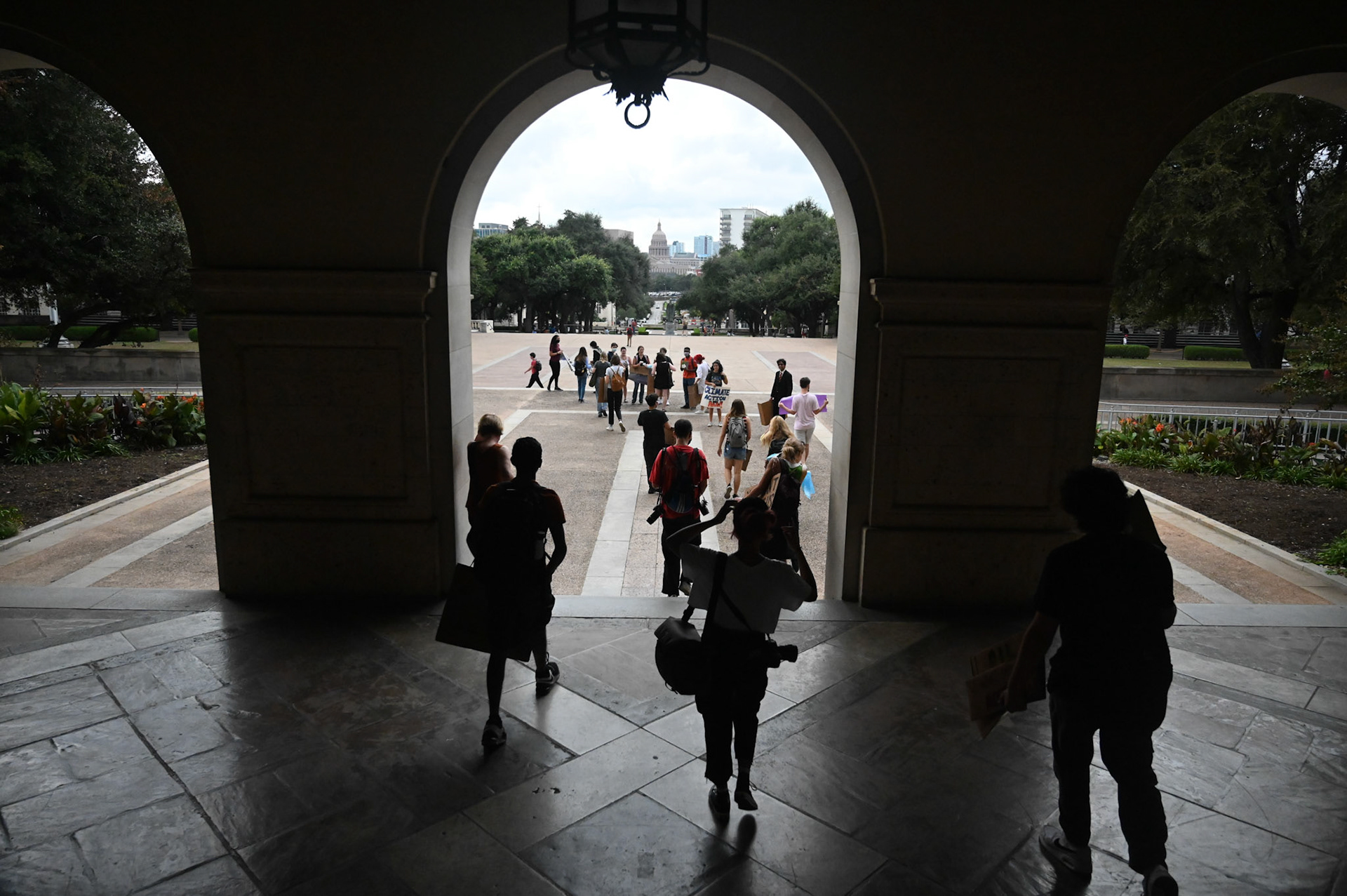 SFCC exit the Tower after protesting University climate policies on October 26, 2021. 
