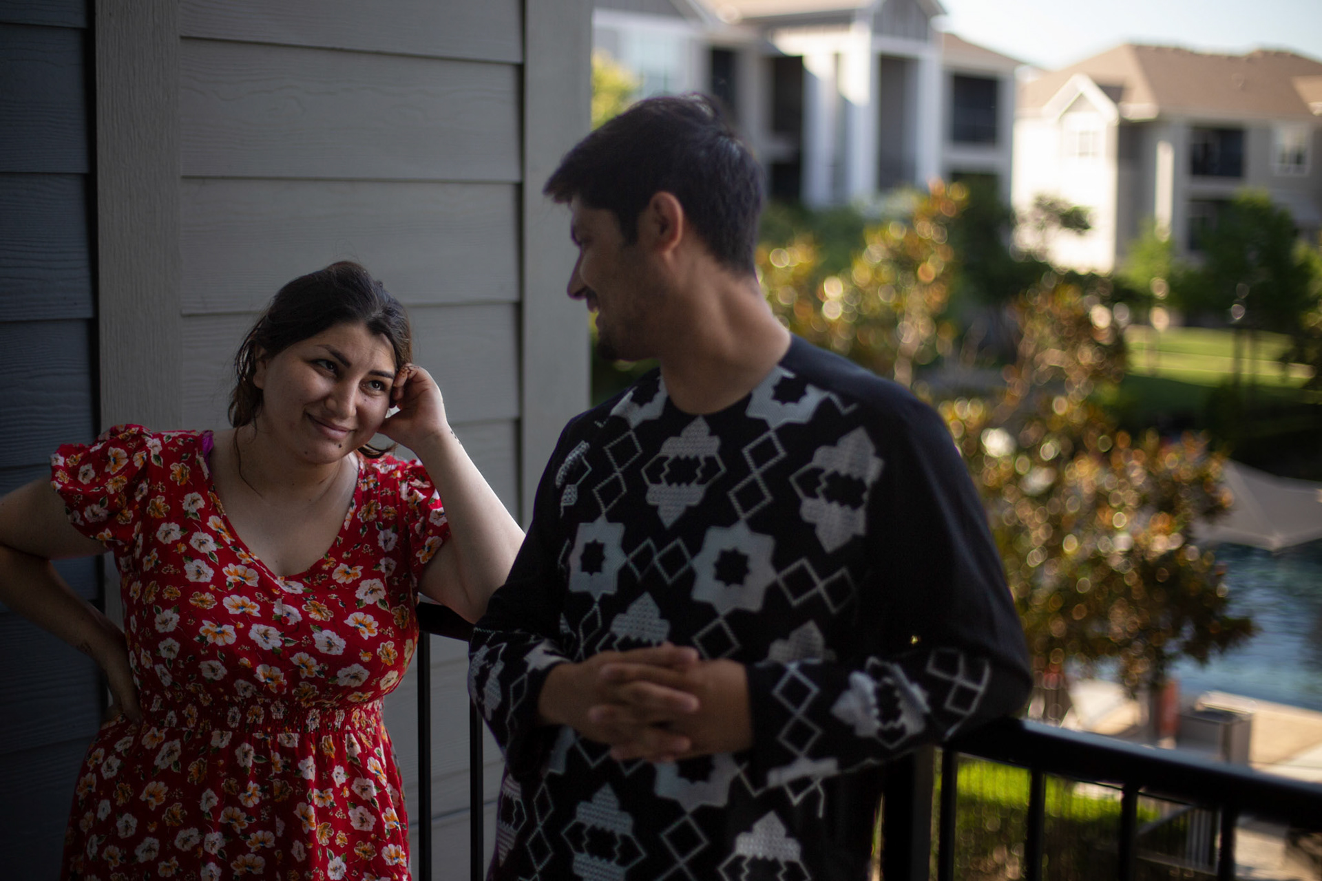Afghan refugee Azita Jawed and her husband Hamid Sadra at their home in Austin, Texas on May 17, 2023. Jawady, a former social worker and employee at USAID and Sadra, an artist, fled to Texas from danger they faced from their previous jobs in Afghanistan.