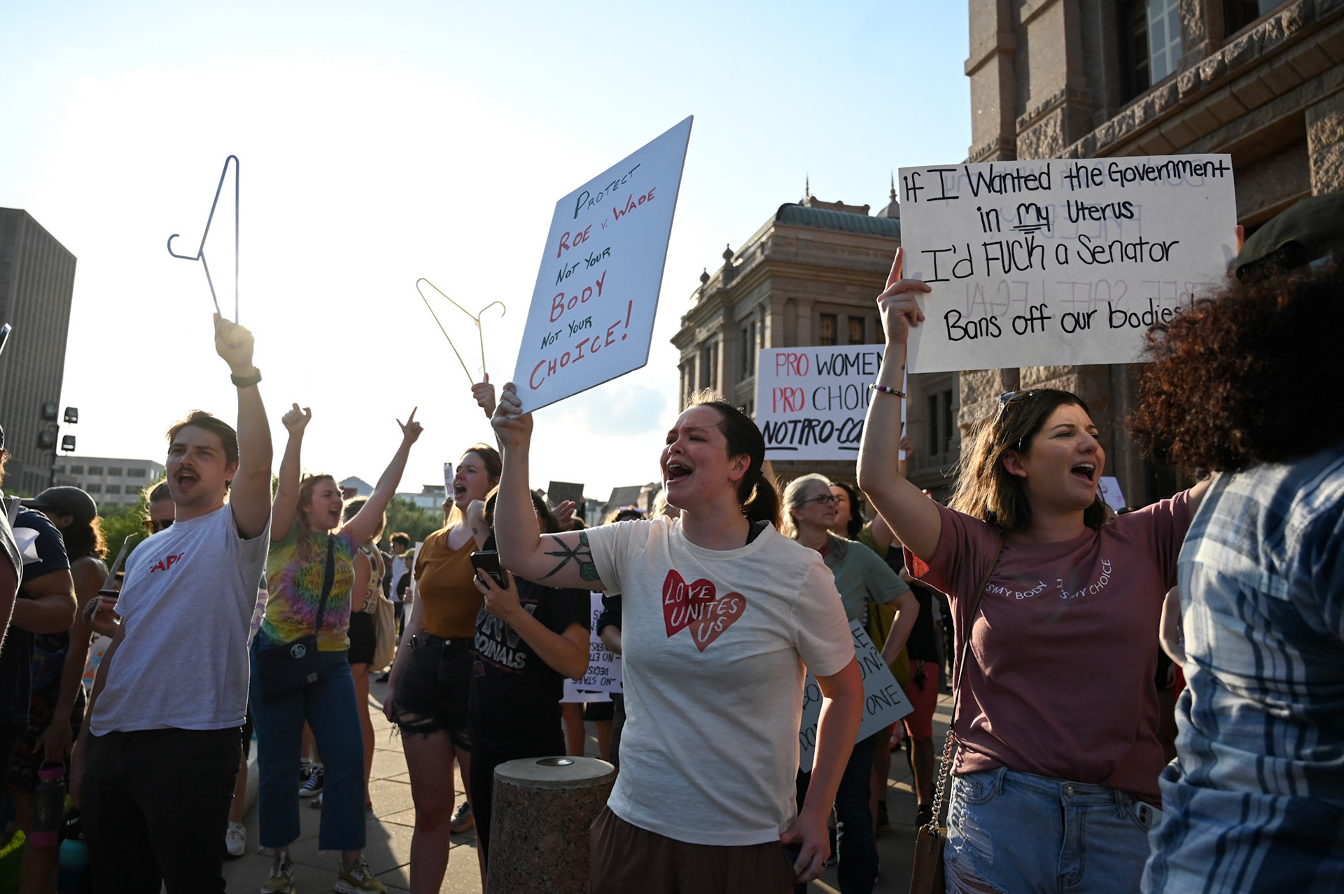 Protestors chant on the Capitol steps in May 3, 2022. The protest was held in opposition to the United States Supreme Court’s intention to overturn Roe v. Wade, according to an unprecedented publication of a leaked draft opinion by Politico. 