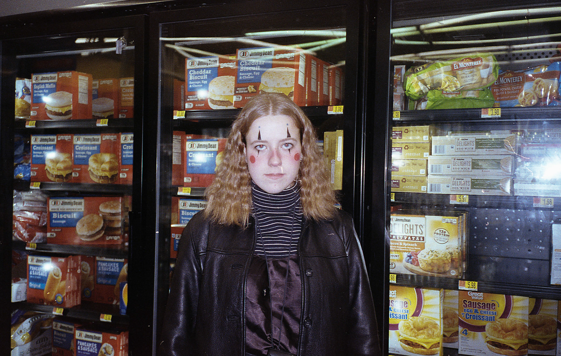 Audrey the clown on Halloween 2019 in the Walmart frozen section. Chipotle gave free burritos to whoever showed up in costume.