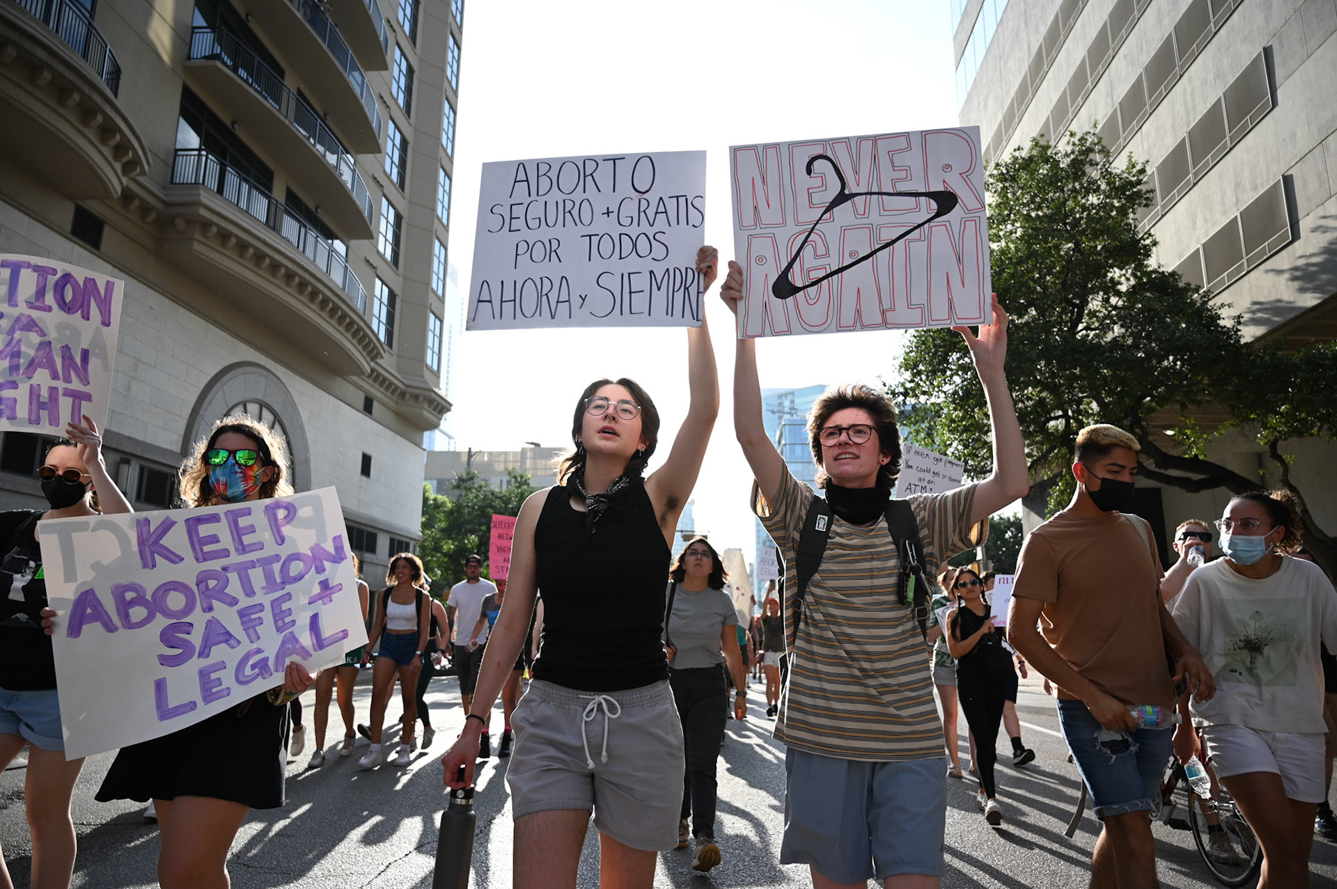 Protestors begin the downhill trek from Republic Square to the state Capitol on May 3, 2022. A megaphone amplified voices that led the crowd in chant and direction.  