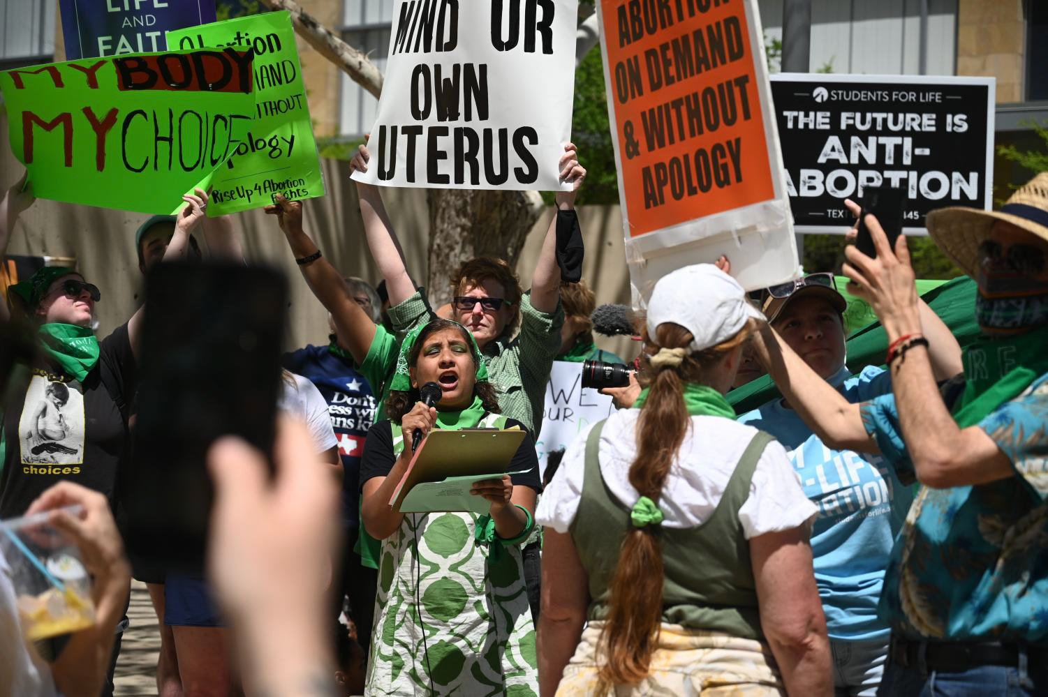 Activism group RiseUp4AbortionRights hosted a rally at downtown Austin’s Republic Square Park on April 9, 2022, to protest recent attacks on abortion rights in the U.S. and Texas.The protest came in response to Texas’s Senate Bill 8, a near-total ban on abortion that went into effect Sep. 2021, with a similar bill passing the Oklahoma legislature earlier that week.